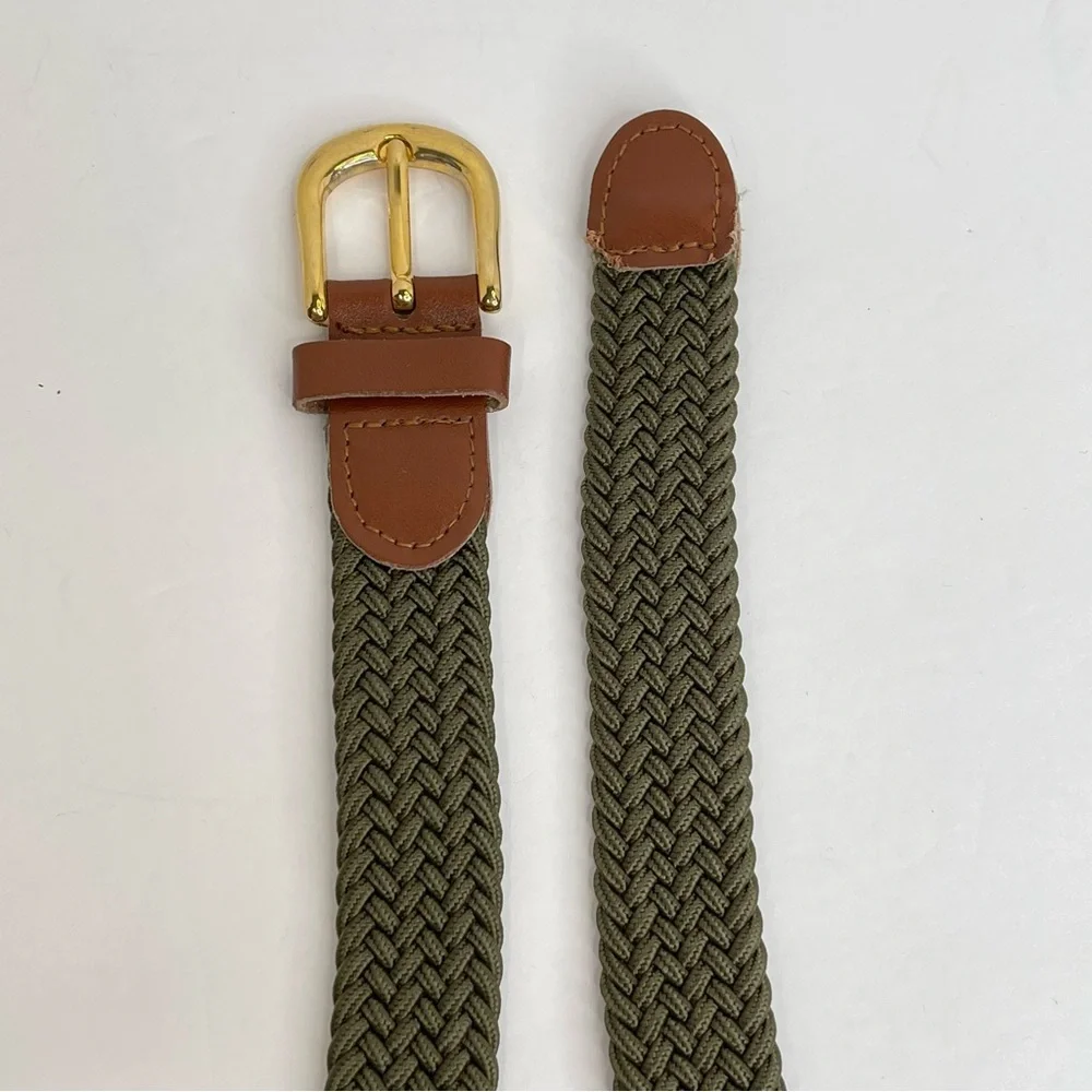 Army Green Stretchy Woven Youth Belt Brown Trim Brass Buckle Big Boy 28-30